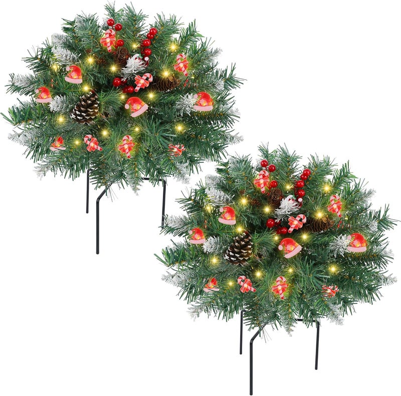 Dr.DuDu 15 Inch Outdoor Christmas Decorations Urn Filler for Front Porch- 2 Pack Lighted Christmas Pot Fillers with Stake, Xmas Pine Trees with Timer for Outside Home Décor - Image 1